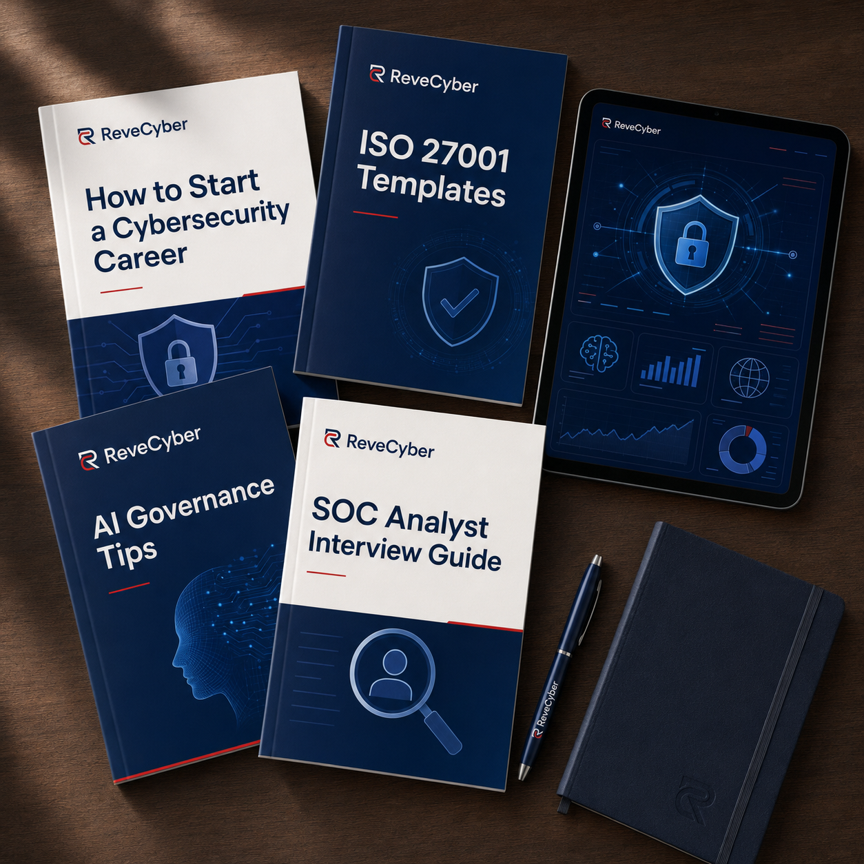 A curated stack of Revecyber cybersecurity career guide covers on a desk beside a tablet