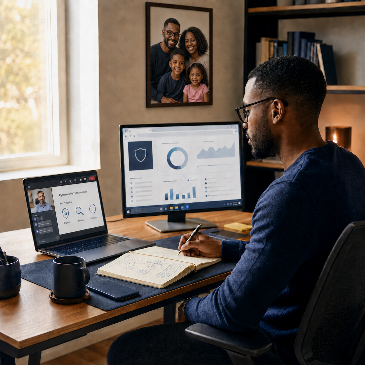 Learner attending a live virtual cybersecurity fundamentals class from a home office