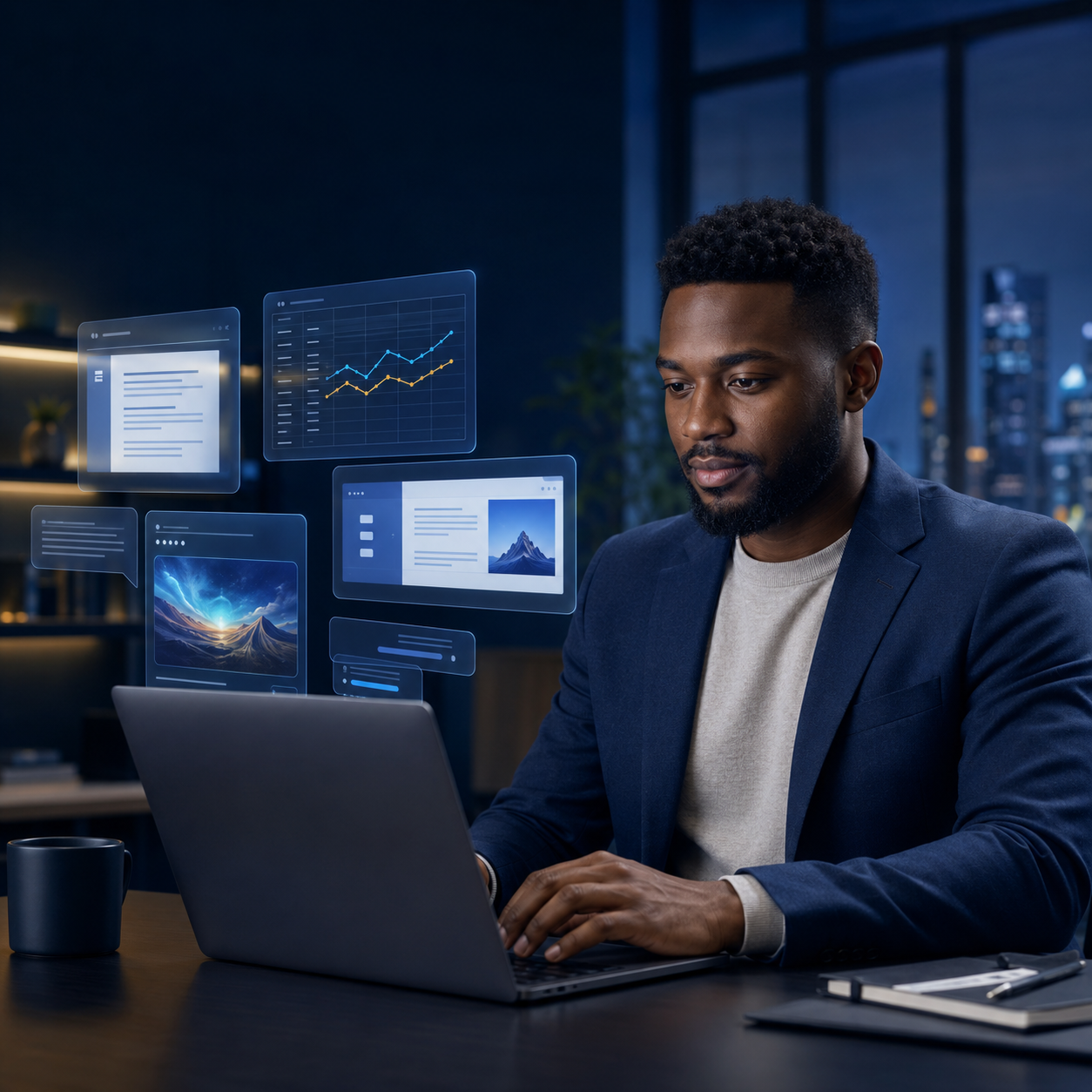 Professional using AI productivity tools to analyse data, generate insights and deliver better work faster