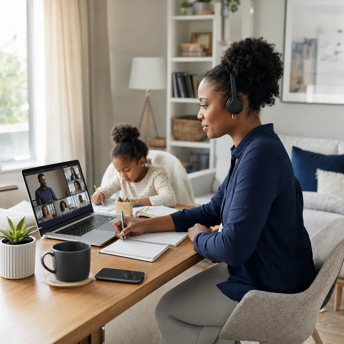 Professional attending a live online cybersecurity class from a home office