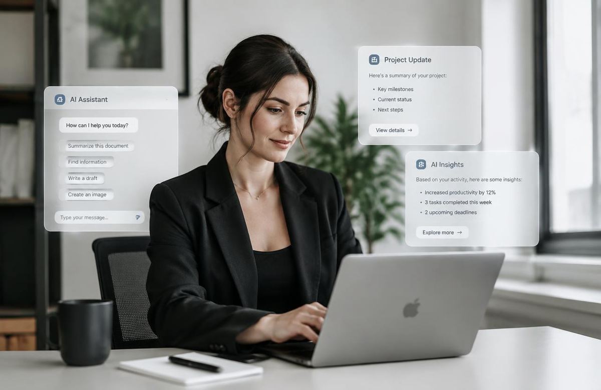 Professional using AI assistant tools on a laptop at work