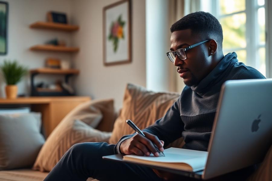 Learner following a recorded cybersecurity foundation lesson at home