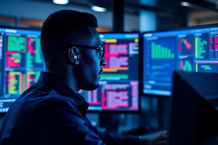 Security analyst monitoring alert dashboards in a security operations centre